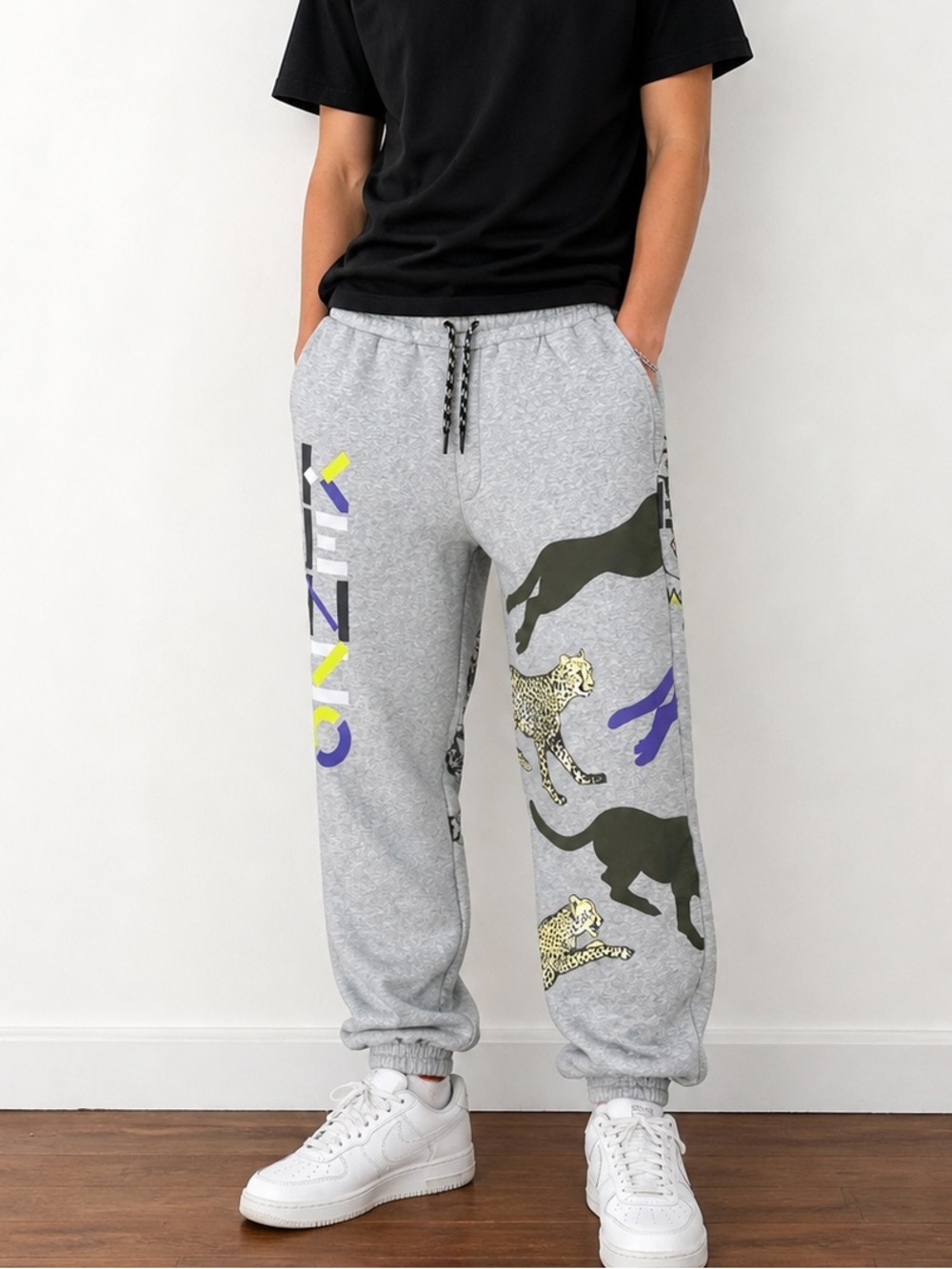 Kenzo Kids Jogger Sweatpants Grey Pockets Drawstring Kids Size 14A Logo Cheetah